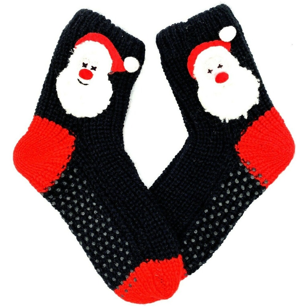 Christmas Santa Slipper Socks Black & Red One Size with Bottom Grips NEW